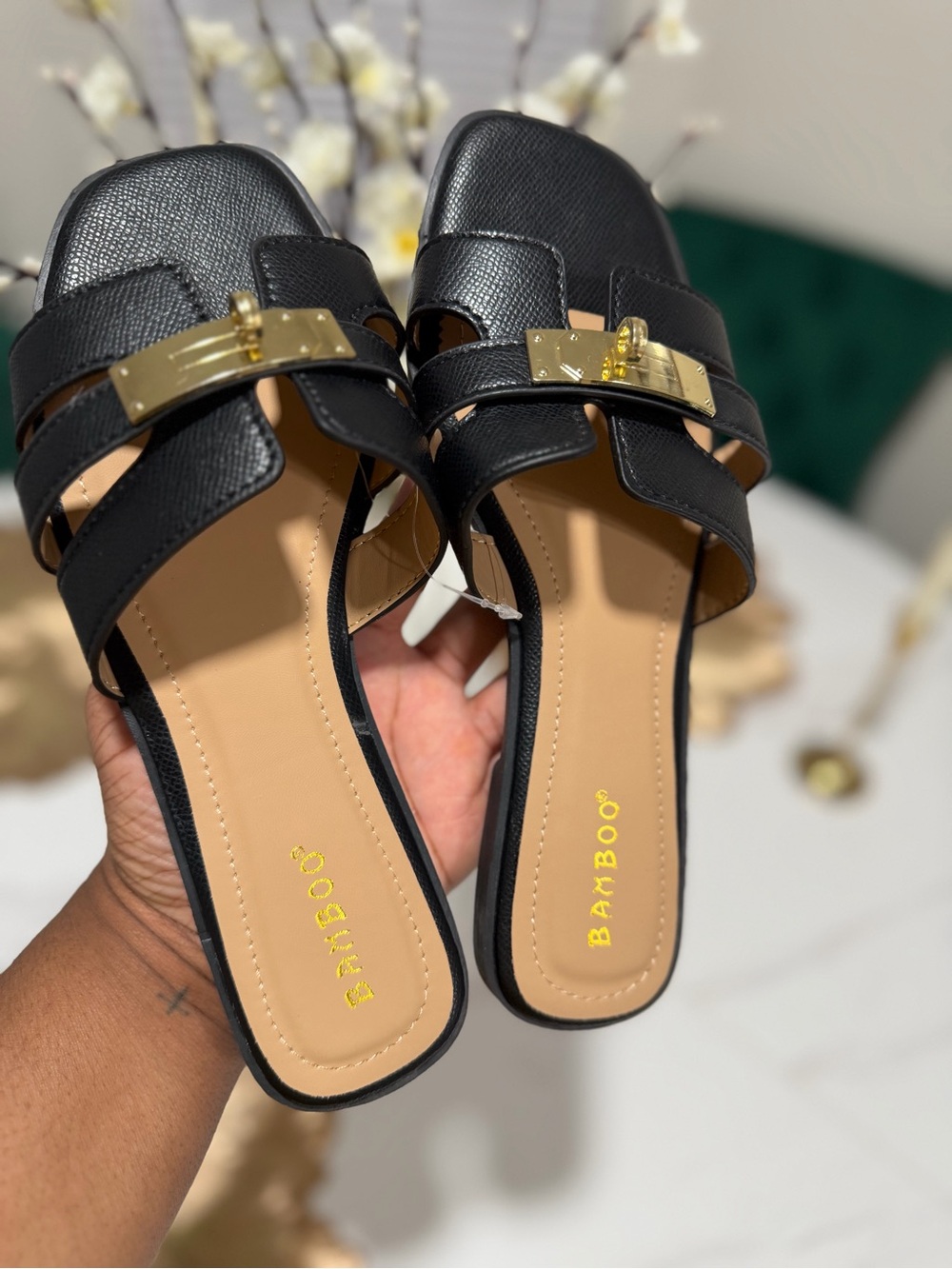Black Slide Sandals with Gold Accent - Picture 2 of 2